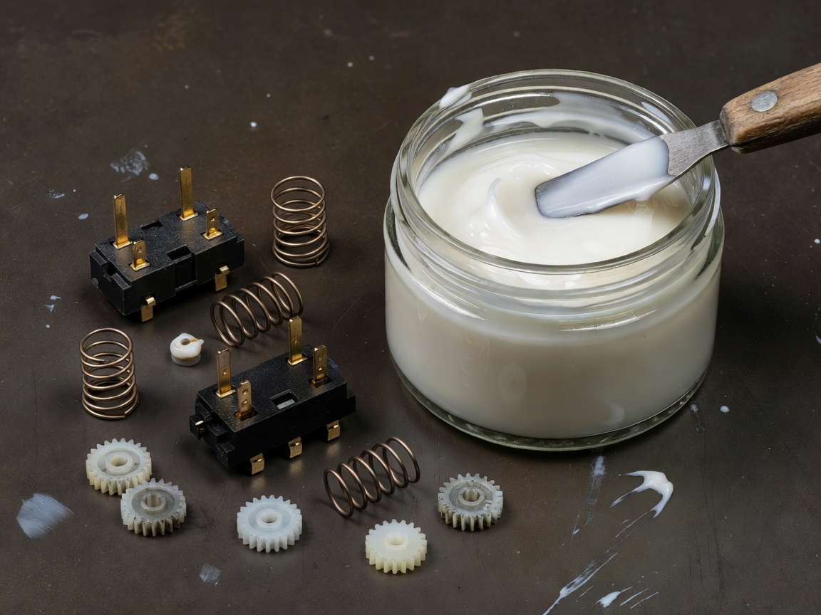 Render of mechanical switch parts beside a jar of white grease lubricant