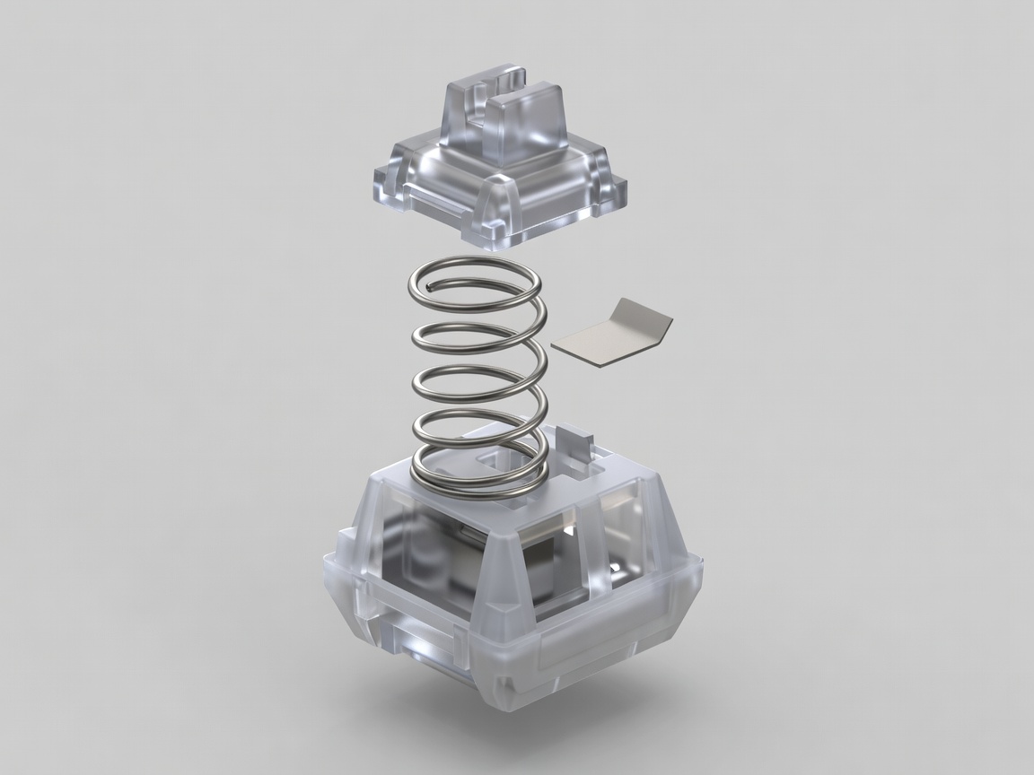 Exploded view 3D render of a mechanical switch showing stem, spring, leaf, and housing
