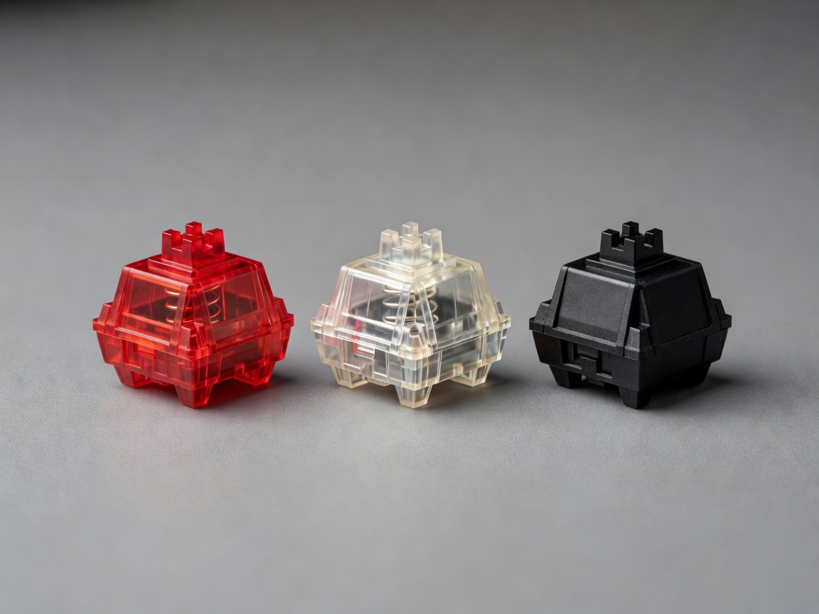 Side by side 3D render of Cherry, Gateron, and Kailh switches