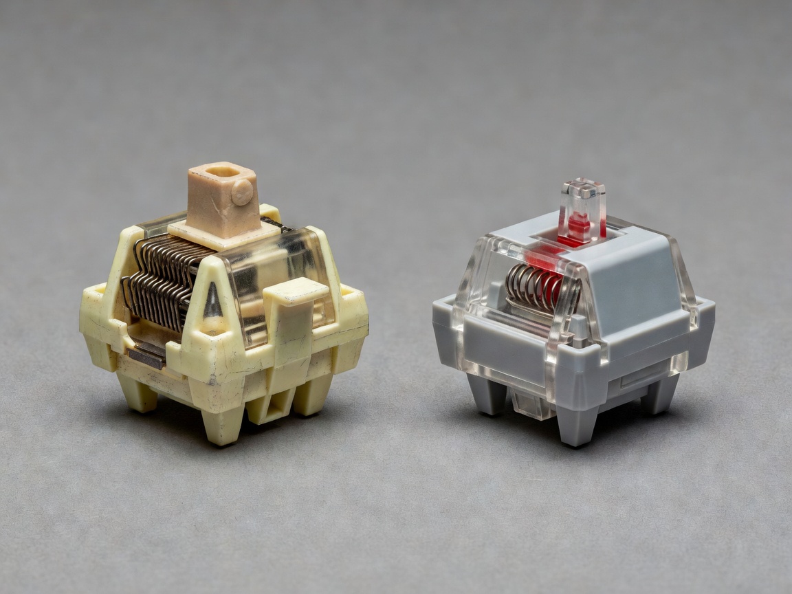 Render of a vintage Alps switch next to a modern MX switch